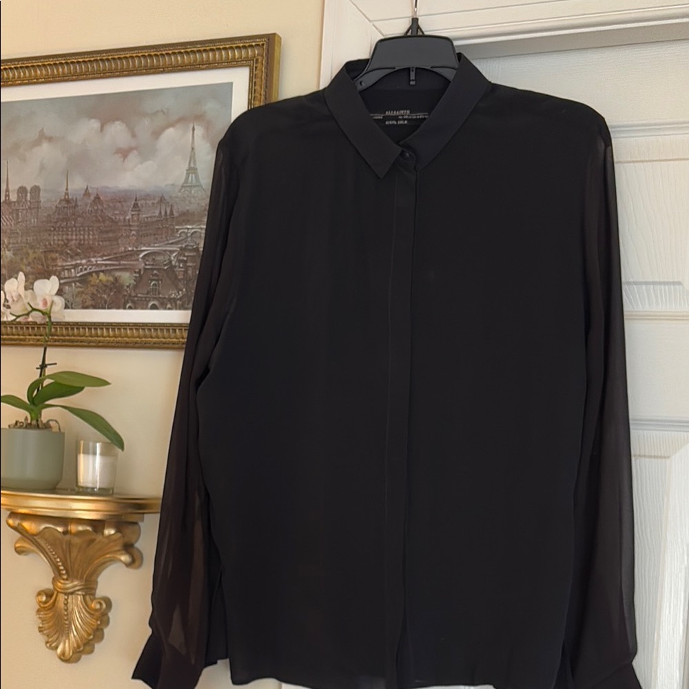 Black Sheer Silk All Saints Button-Up Blouse